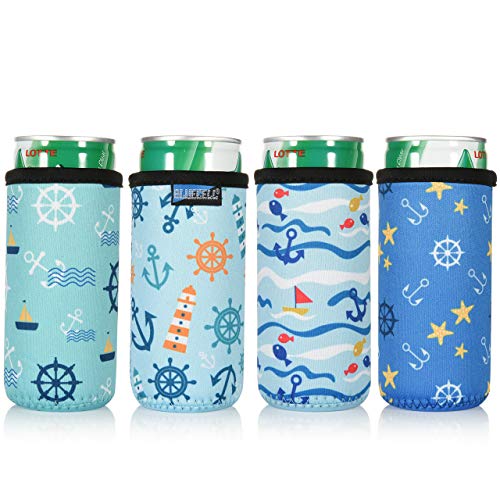 Bluecell Pack of 4 Neoprene Insulators Anchor Pattern Beer Can Coolers Sleeves for Drink Beverage Beer Cans (Anchor(4pcs), 8.4 oz)