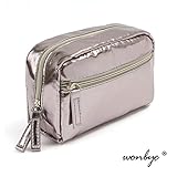 wonbye Travel Cosmetic Bag for Women Portable Leather Toiletry Bag Hanging Makeup Organizer Double Compartments Waterproof, Silver