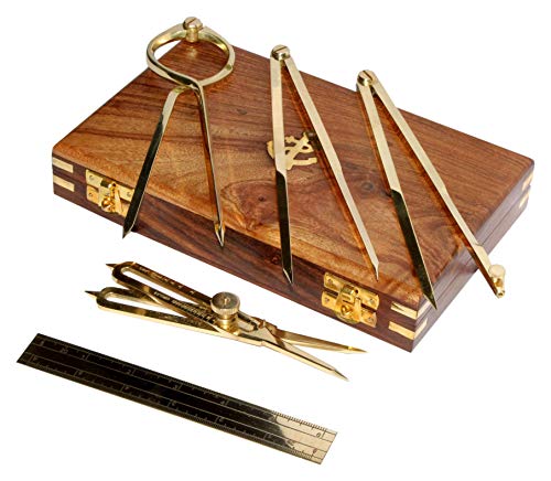 Nauticaz Brass Proportional Divider Set - 5 Piece Navigation & Drafting Tools With Leather Case