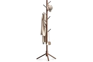 OUTGAVA Wooden Coat Rack Freestanding with 8 Hooks,Easy Assembly New Zealand Pine Tree Coat Racks, 3 Adjustable Sizes for Clothes, Hats, Bags, for Entryway, Hallway, Bedroom, Office(Brown)