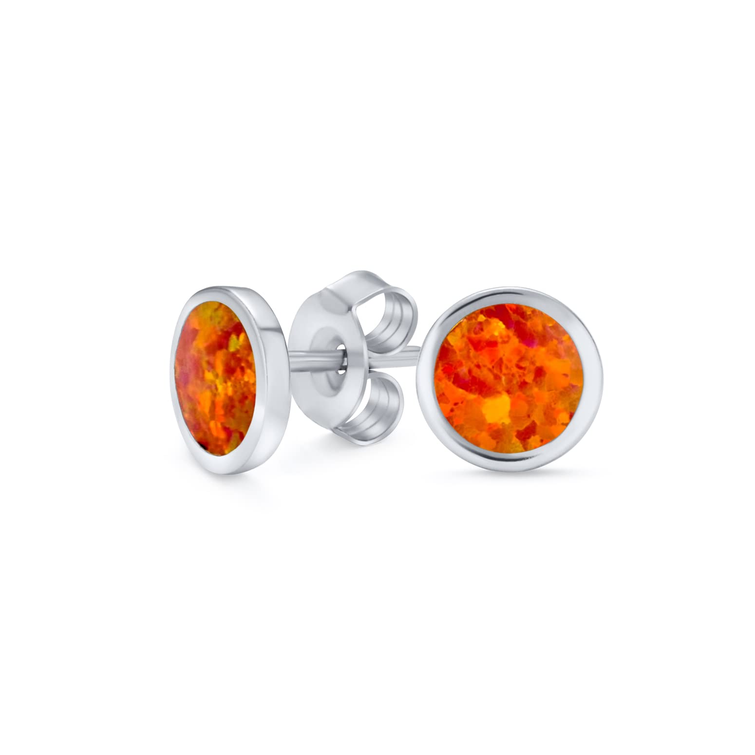 Classic Simple Iridescence Gemstone Bezel Setting Flat Round Circle Created Orange Fire Opal Stud Earrings For Women .925 Sterling Silver Small 5MM October Birthstone
