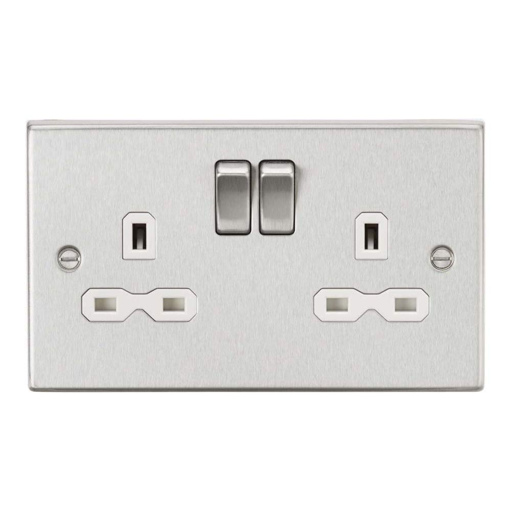 13A 2G DP Switched Socket with White Insert - Square Edge Brushed Chrome