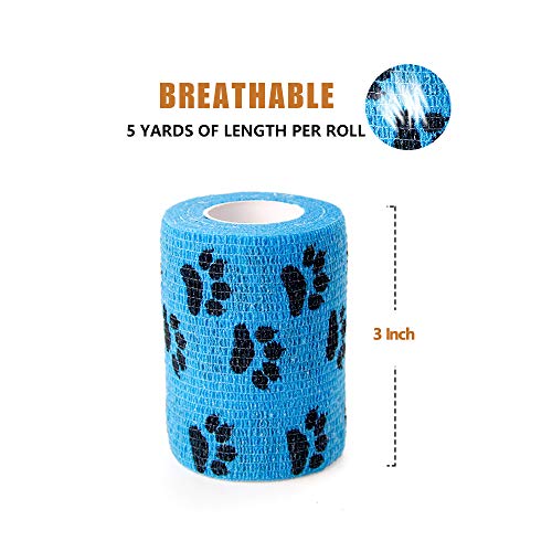 MUEUSS Self Adhesive Bandage First Aid Tape Strong Elastic Blue Claw Wraps for Pets Animals & Ankle Sprains & Medical Support, 3 Inches x 5 Yards, 6 Rolls - Thumbnail 2
