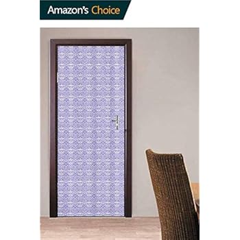 Door Mural Wall Sticker, Classical Asian Damask Door Stickers Bubble Free Version, Semi-Glossy, Self Adhesive Peel & Stick Door Wrap, 30.3W x 78.7H Inches
