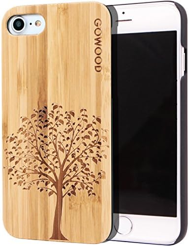 iPhone 7 and 8 Wood Case | Real Natural Bamboo Tree Design Engraved on Backside and Durable Hard Polycarbonate Shockproof Bumper with Shock Absorbing Rubber Coating