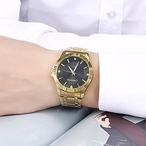Fanmis Men's Luxury Analog Quartz Watch IP Gold Plating Stainless Steel Black Dial with Rhinestones Business Wrist Watch