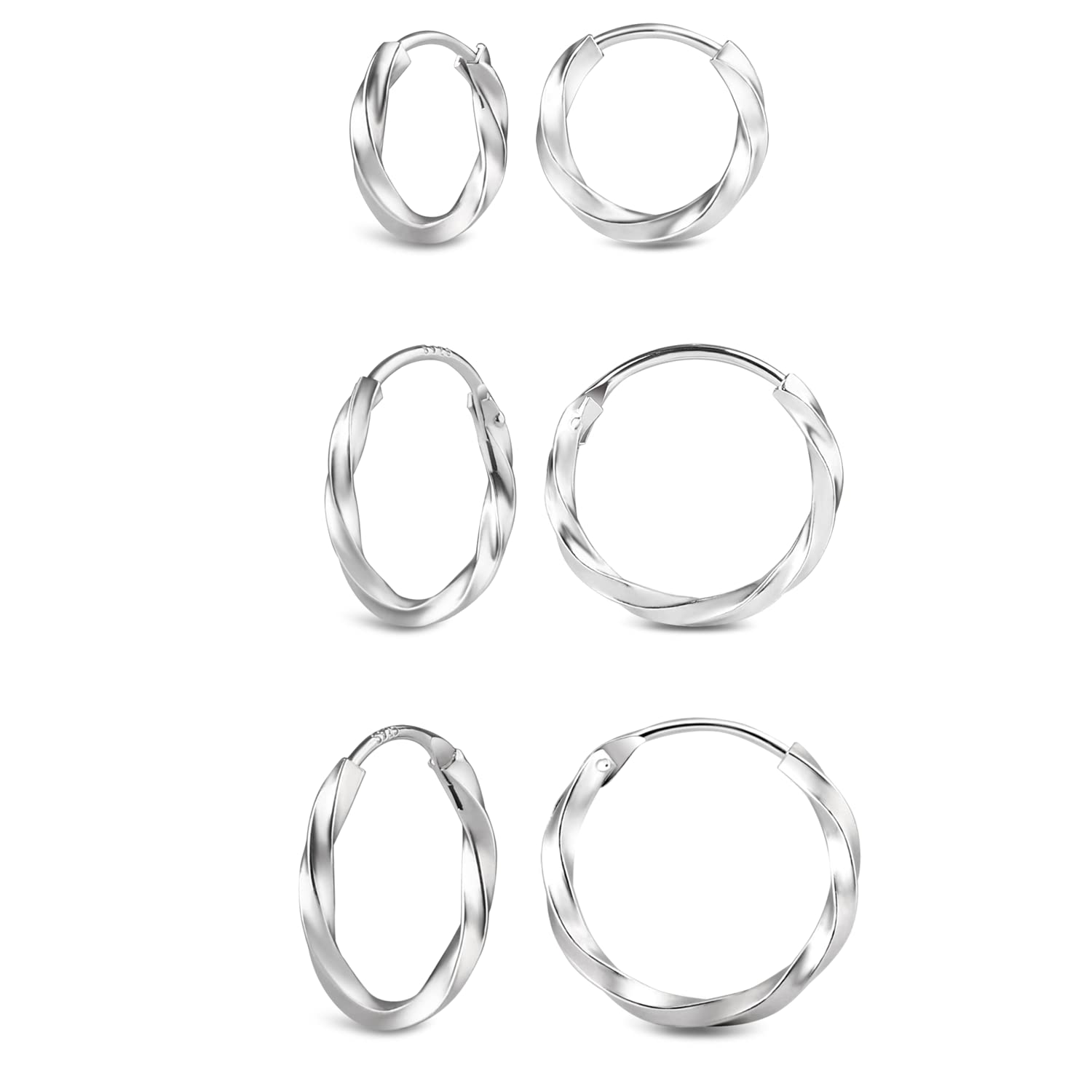 Elicola Set of 3 Pairs of Twisted Hoops Earrings 18K White Gold Plated 925 Sterling Silver for Women Men Small Round Mini Earrings Hypoallergenic 10/12/14mm