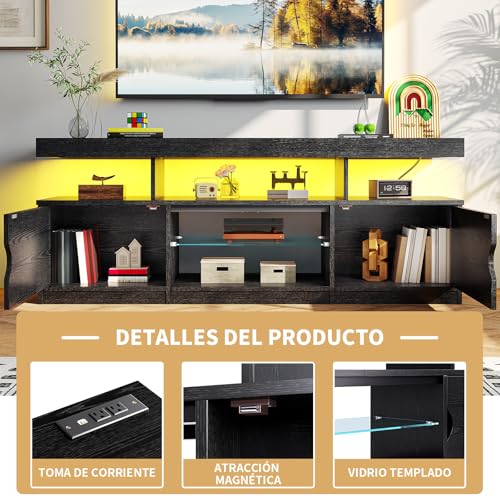 Simple Wisdom Mueble para TV de 75 Pulgadas, Moderno Mueble para TV con tomacorriente, Centro de Interior de Alto Brillo con Almacenamiento y Luces LED, Negro
