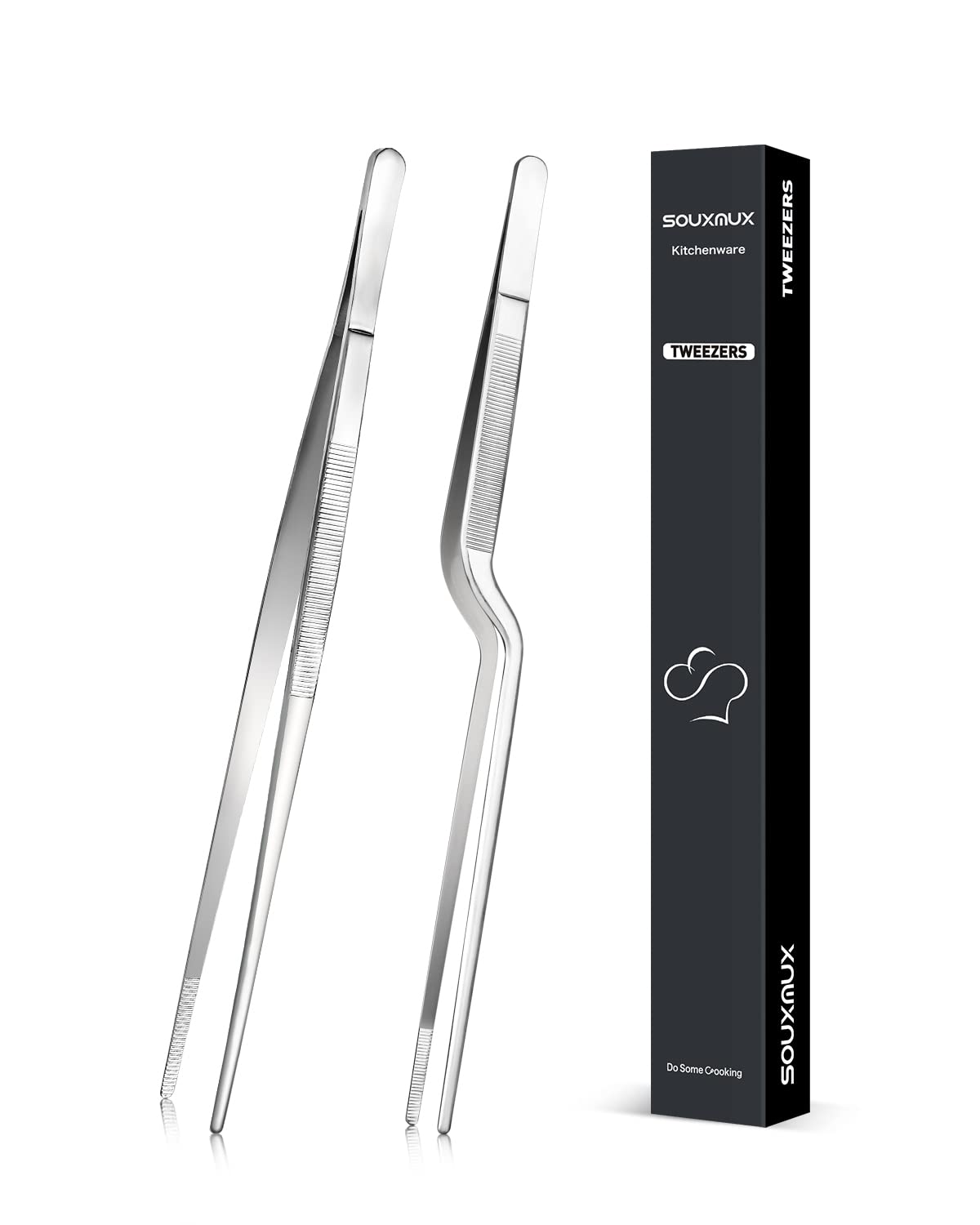 SouxMux 25.5CM Cooking Tweezer and Offset Tweezer Set, Tongs Precision Serrated Tips, Stainless Steel Professional Chef Tweezer Kitchen Tools BBQ, Plating and Serving, Silver, 10-inch