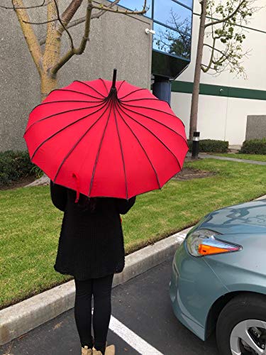 Kung Fu Smith Women Vintage Polka Dots Travel Stick Rain Pagoda Parasol Umbrella, Red