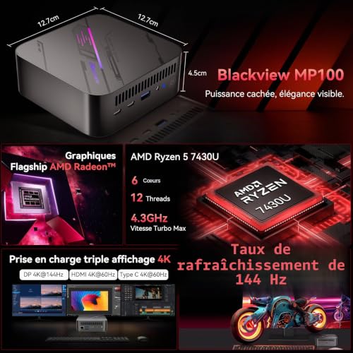 Blackview MP100 Pro Mini PC Win 11 Pro AMD Ryzen 7430U, 16GB RAM(Turbo 3733 MT/s) 512GB SSD Mini Desktop Computer, 144Hz 4K Triple Display, 6*USB3.2, WiFi 6/BT 5.2, PC for Office/Home/Study