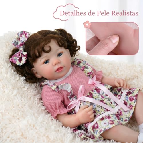 Boneca Bebê Reborn Realista Silicone 48cm Presentes para Meninas | Cabelo Implantado Olhos Azuis Vestido Rosa com Chupeta Magnética