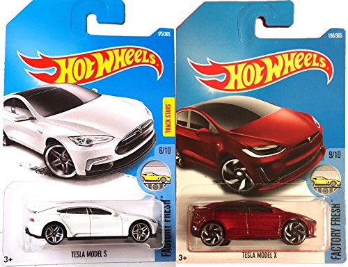 Hot Wheels 2017 New Casting Red Model X #196 Factory Fresh Tesla Model S #175 White 2 car bundle in Protective Cases