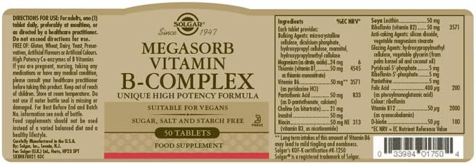 Solgar Megasorb Vitamin B-Complex Tablets, Pack of 50, High Potency and Absorption, Improved Energy and General Vitality - Image 3