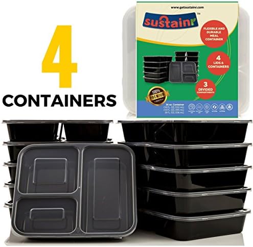 Sustainr Stackable Meal Prep Containers — 3 Compartment Reusable Food Containers — Bento-Style Lunch Box — Ecofriendly — Microwave, Freezer &amp; Dishwasher Safe — Healthy Portion Control (4)