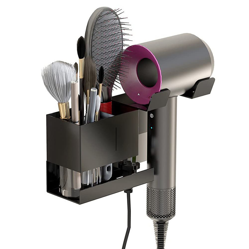 Hosoncovy Metal Hair Dryer Wall Mount Holder Hair Dryer Wall Hanger Toiletries Wall Storage Electric Shaver Wall Mount for Dyson Supersonic Hair Dryer ,Universal for Hair Dryer (Black)