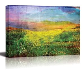 Beautiful Lawn Field with Mountains and a Blue with Pink Texture Over It - Canvas Art Home Art - 12x18 inches