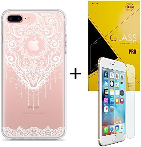 iPhone 7 Plus Clear Case Bundled with 9H Glass Screen Protector, White Henna Damask Style Transparent Design, Hard Plastic with Soft TPU Bumper Case for the Apple iPhone 7 Plus (5.5 inch)