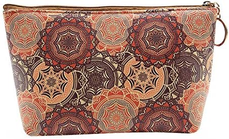 HOYOFO Women’s Travel Cosmetic Bags Small PU Makeup Clutch Pouch Toiletries Organizer Bag with Mandala Flower Patterns, Brown