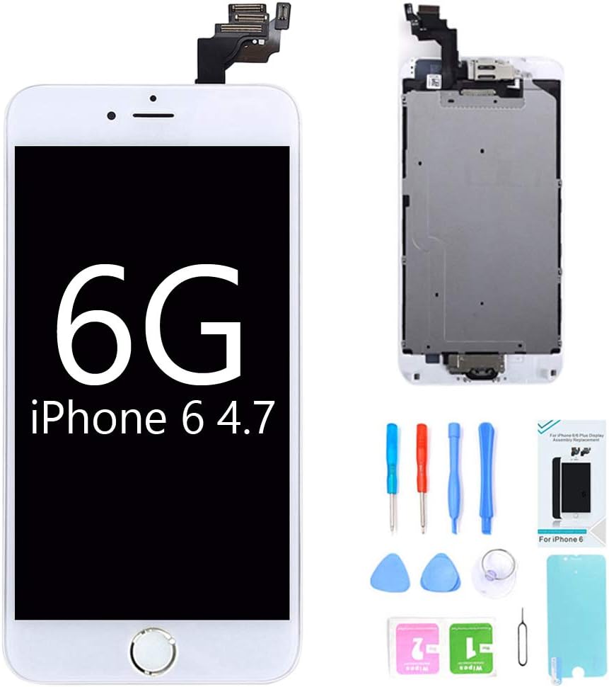 recyco Screen Replacement For iPhone 6 LCD Touch Display - White Full Set With Frame Glass Digitizer Assembly with Home Button and Camera