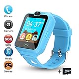 [Updated 2019 Version] Smart Watch for Kids Include [16GB Micro SD Card] Watch Phone with [Camera] [Games] [Alarm] [SOS Touch Screen] Nice Gift for Girls and Boys (Blue）