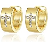 CZ Cross Yellow Gold Huggie Hoop Earrings, 18K Gold Plated Small Hinged Earrings with Cubic Zirconia, Religious Fashion Jewelry for Women