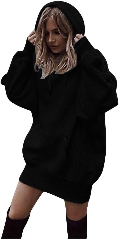 Women Causal Hoodie Maxi Dress Solid Pullover Loose Sweater Hoodie Tops Sweatshirt Long Tops