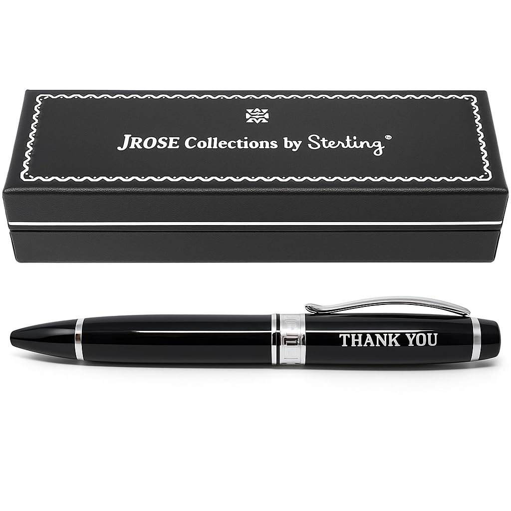 JRose Collections Luxury Thank You Pen | Black & Silver Ballpoint Pen with Gift Box | Engraved Thank You Message | Elegant Appreciation Gift for Teachers Colleagues Employees