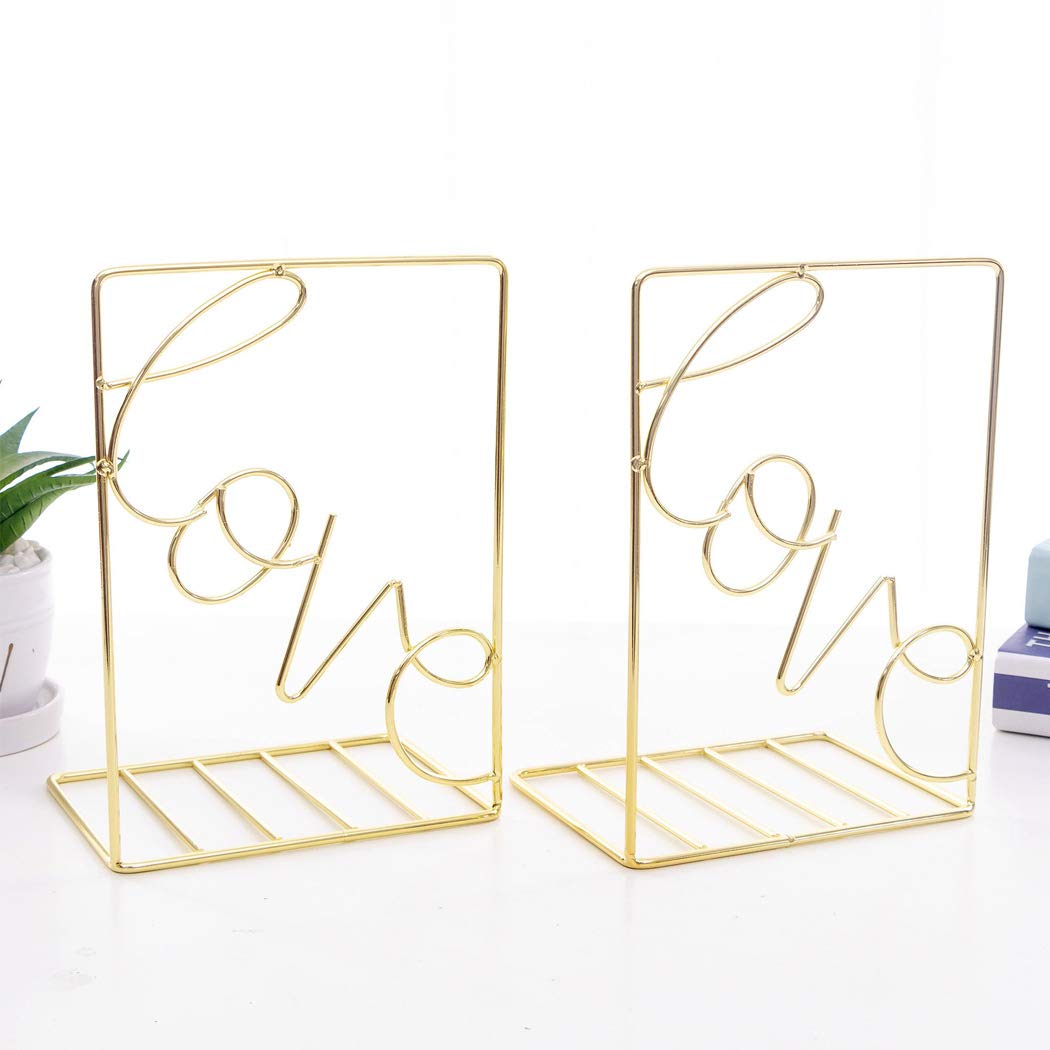 SIPLIV Creative Minimalist Style Bookends Metal Adjustable Books Holder Stand Book Rack Desk Bookend - Love, Gold