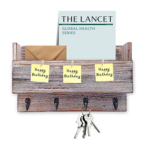 Halcent Wood Mail Holder Sorter with 4 Key Hook Holder, Wall Mail Organizer Hanging Letter Holder for Entryway Hallway Office Kitchen Mudroom