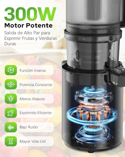 WIE Extractor de Zumos y Verduras 135 mm Boca Ancha, Slow Juicer 300W Prensado en Frío, Capacidad 2,2 L, Licuadora Prensado en Frío para Frutas y Verduras Enteras, Fácil Montaje y Limpieza, Sin BPA