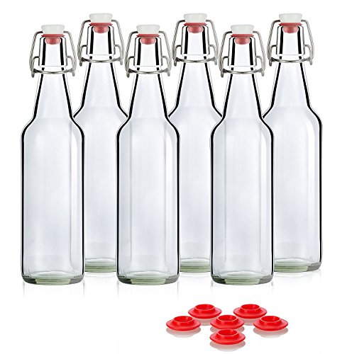 Swing Top Glass Bottles CERAMIC TOPS - Flip Top Bottles For Kombucha, Kefir, Beer - Clear Color 16oz Size - Set of 6 Brewing Bottles - Leak Proof With Easy Caps - Bonus Gaskets Quick Cleaning Design