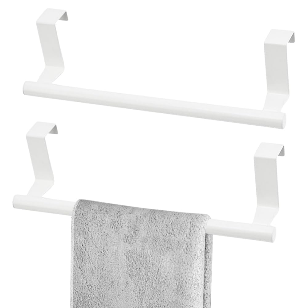 2 Pcs Stainless Steel Towel Holder, Over Door Towel Rail with Protective Strip, Towel Bar Holder, Silver Dish Towel rack for Kitchen Bathroom Cupboards Drawer (2* Small-White)