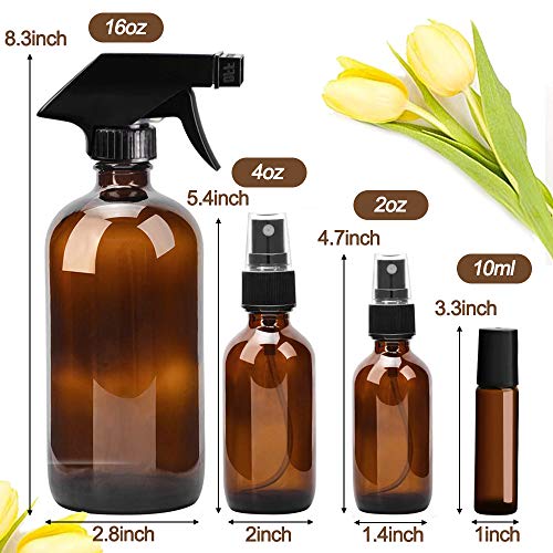 Glass Spray Bottle, Wedama Amber 10 Glass Spray Bottle Set(16/4/2oz), 6 10 ml Essential Oil Roller Bottles Kits with& Accessories for Aromatherapy Facial hydration Watering Flowers Hair Care (B) - Thumbnail 6