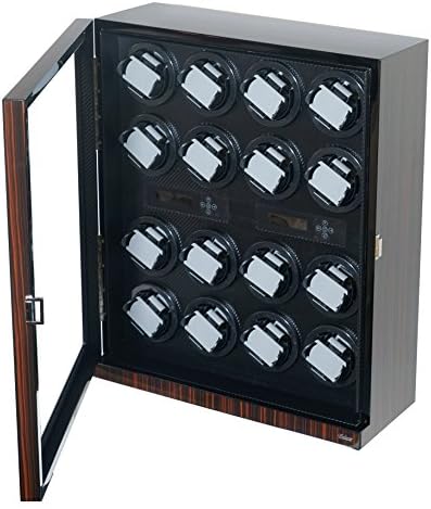 Watch Winder Ebony Wood W/LCD Display For Automatic Watches. (Ebony/Carbon Fiber W16)