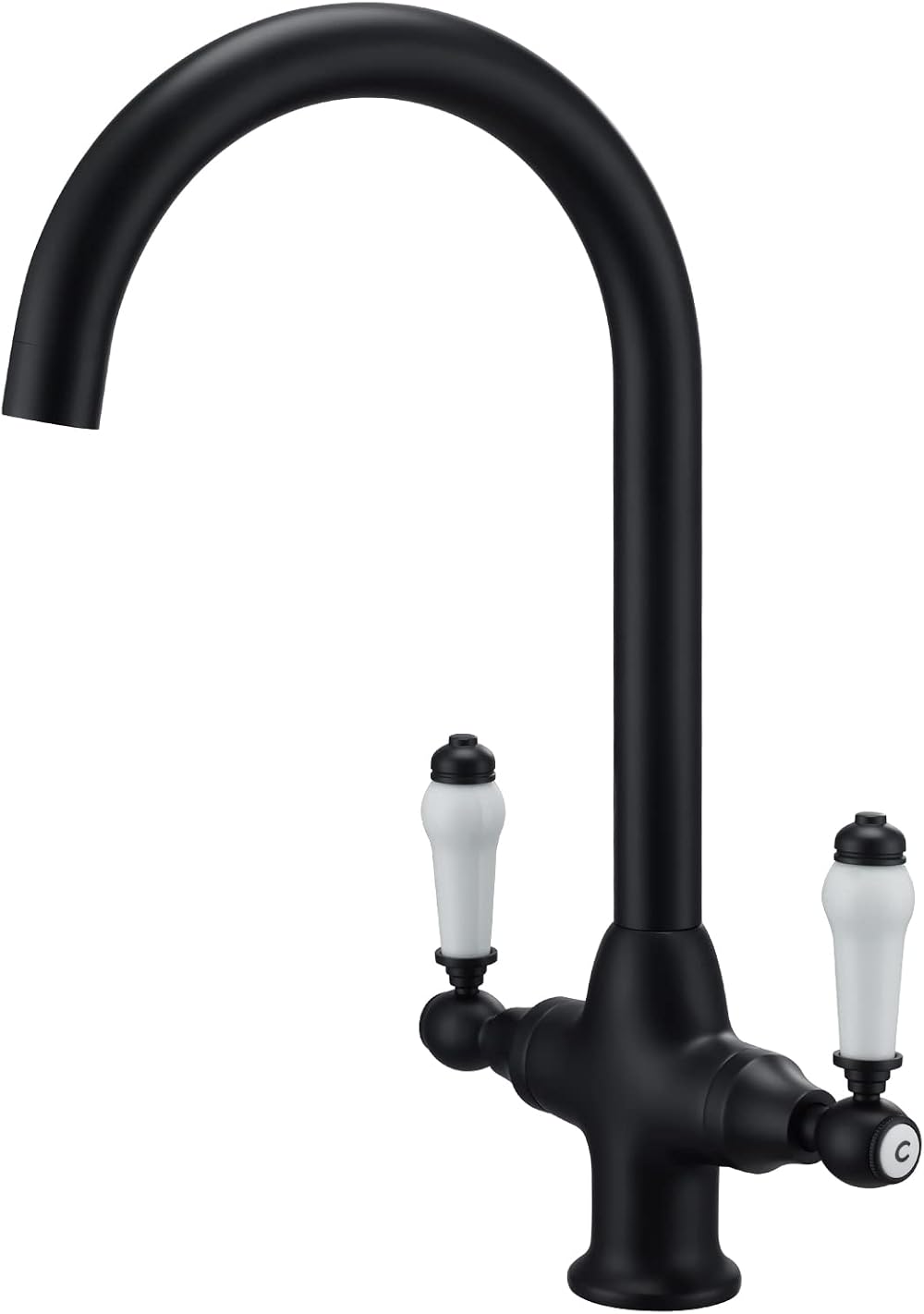 Funime Kitchen Mixer Tap White Ceramic Dual Lever Matte Black Swan Neck 360°