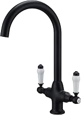 Funime Kitchen Mixer Tap White Ceramic Dual Lever Matte Black Swan Neck 360°