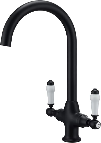 Funime Kitchen Mixer Tap White Ceramic Dual Lever Matte Black Swan Neck 360°
