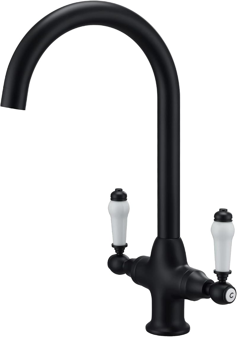 Funime Kitchen Mixer Tap White Ceramic Dual Lever Matte Black Swan Neck 360°