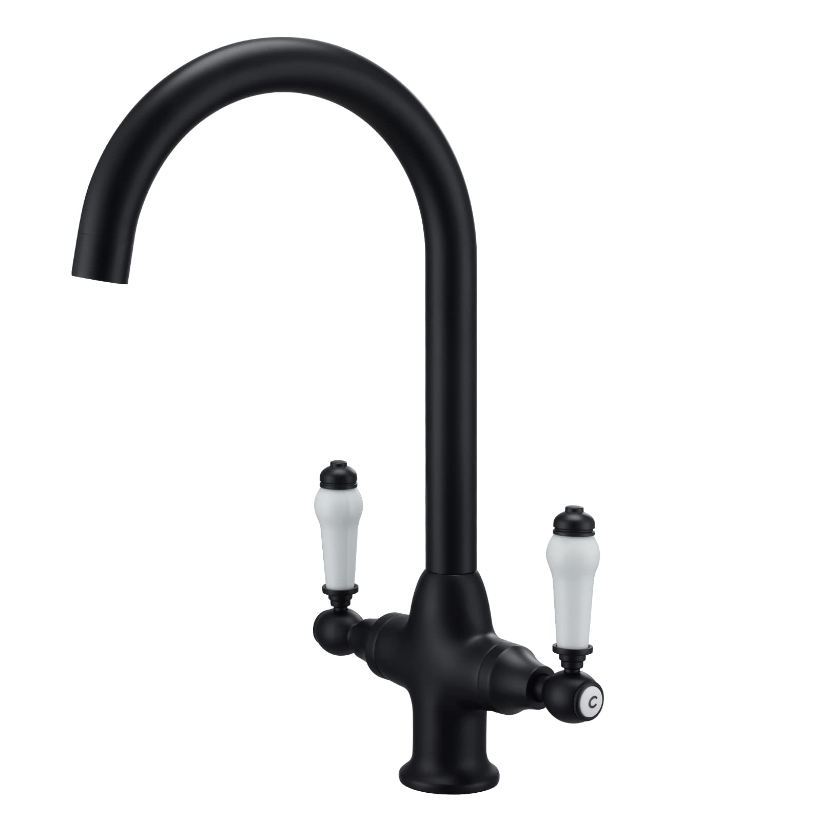 Kitchen Mixer Tap Sink Faucet with White Ceramic Dual Lever, Matte Black Traditional Kitchen Sink Tap Victorian Style 360 Swivel Spout, Swan Neck Monobloc Bar Vintage Taps with Flexible Hoses