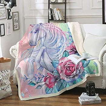 FairyShe Kids Adult Sherpa Throw Blanket, Plush Blanket with Lifelike Horse and Flowers,Soft Worm Fleece Blanket for Bed Couch Chair Living Room (50