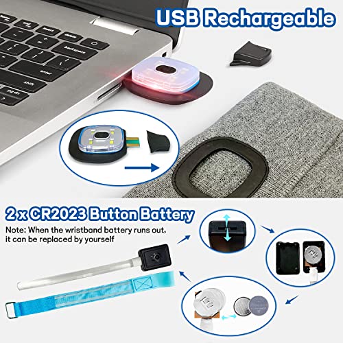 2 Pack LED Beanie Hat with Light, Unisex Winter Warm Knit Night Light Hat, Rechargeable Headlamp Beanie Cap with 2 Glow Bracelet for Camping Running Hiking Walking, Knit Beanie Gifts for Men Women Kid