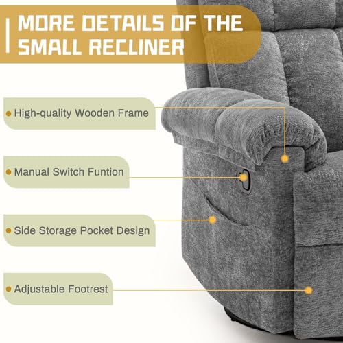 Korser Recliner Chair, Swivel Rocker Recliner Chair for Adults, Small Recliners for Small Spaces, Upholstered Manual Recliner with Side Pockets, Nursery Rocking Chair for Living Room, Chenille, Grey