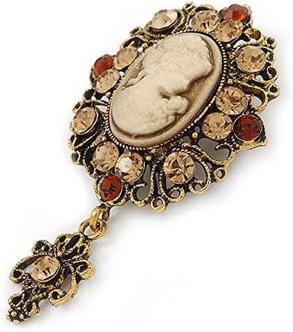 Vintage Inspired Amber/Champagne Crystal Cameo with Charm Brooch In Bronze Tone - 65mm L, brown, copper, bronze - Image 5