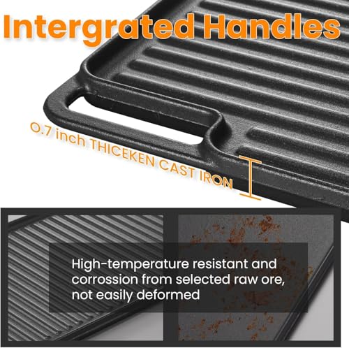 2-in-1 Reversible Grill Plate, 18"x10" Pre-Seasoned Cast Iron Griddle, Double-sided Flat Top Plate for Gas Stovetop, Oven, or Open Fire, Rectangular Flat Pan for Camping, Roasting and Grilling