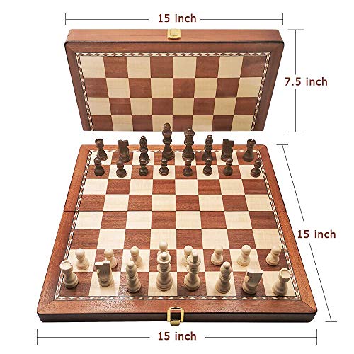 Scientoy Chess Set, Larger 15''×15''Foldable Wooden Chess Set for Kids and Adults, Storage for Piece, Handcraft Travel Chess Set, Prefect Choice for Birthday, Rewards for Beginner