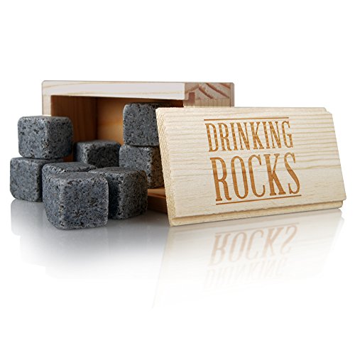 Whiskey Stones - Chills Your Drink Without Dilution - Reusable Granite Chilling Rocks - Perfect For Liquor, Wine and Other Beverages - Premium Bar Accessories - Set of 8 Cubes in Presentation Box.