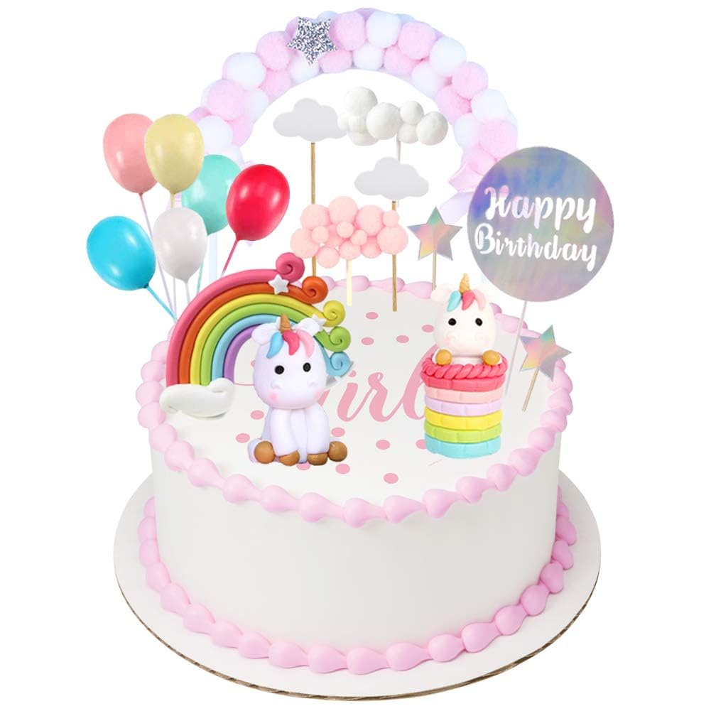Unicon Cake Topper Decoration 27 Pcs Including 7 Clouds, 1 Rainbow, 1 Star Hairball Arch, 6 Balloons, 5 Stars, 4 Support Stick, 2 Unicons, 1 Happy Birthday, for Kids Birthday Baby Shower Party