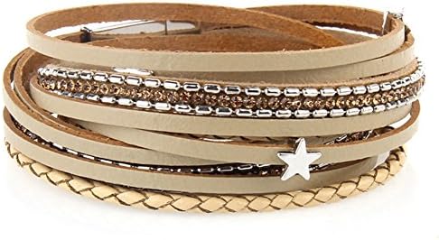 SENDIO Women's Star Leather Bracelet Braided Wrap Bangle Cuff Alloy Magnetic Clas (Beige)