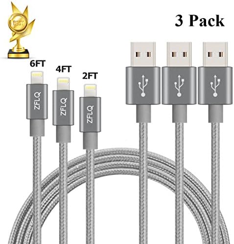 ZFLQ iPhone Charger Cable 2FT 4FT 6FT, Nylon Braided USB Charging Cord Lightning Cable for iPhone 7 / 7 plus / 6s / 6s plus, iPhone 6 / 6 plus / 5 / 5s, iPad, iPod (3 Pack Grey)